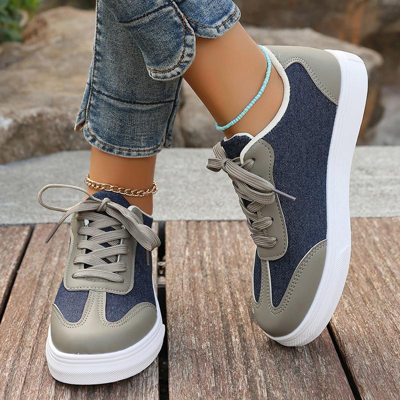 Fashion Women's Fashion Lace Up Casual Sneakers Blue Denim Mix Color Flat Shoes Woman Lightweight Non Slip Sports Shoes Plus Size 36-43