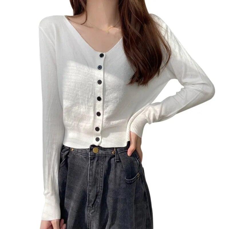 

Жіночий однотонний повсякденний в язаний короткий кардиган з V-подібним вирізом і довгими рукавами One Size