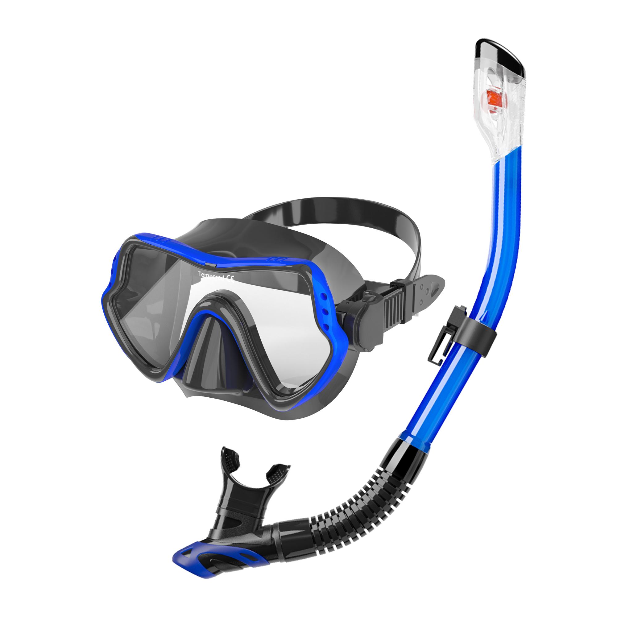 New Design Factory Price Snorkel Set Silicone Snorkeling Mask New Tempered Glass Large Frame Diving Mask Set синий