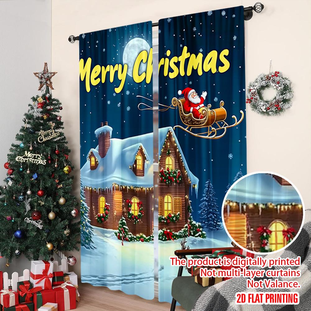 2pcs 2D Flat Printing Christmas Scene Curtain Merry Christmas Night Versatile Polyester Without Electricity Family Party