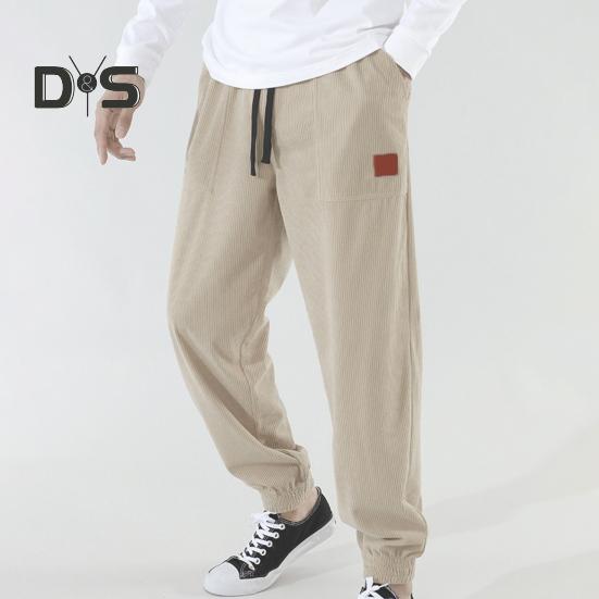 Pánské jarní podzimní kalhoty s bočními kapsami stahovací šňůrka v pase rovná noha tlustá manšestrová jednobarevná volné sportovní kalhoty