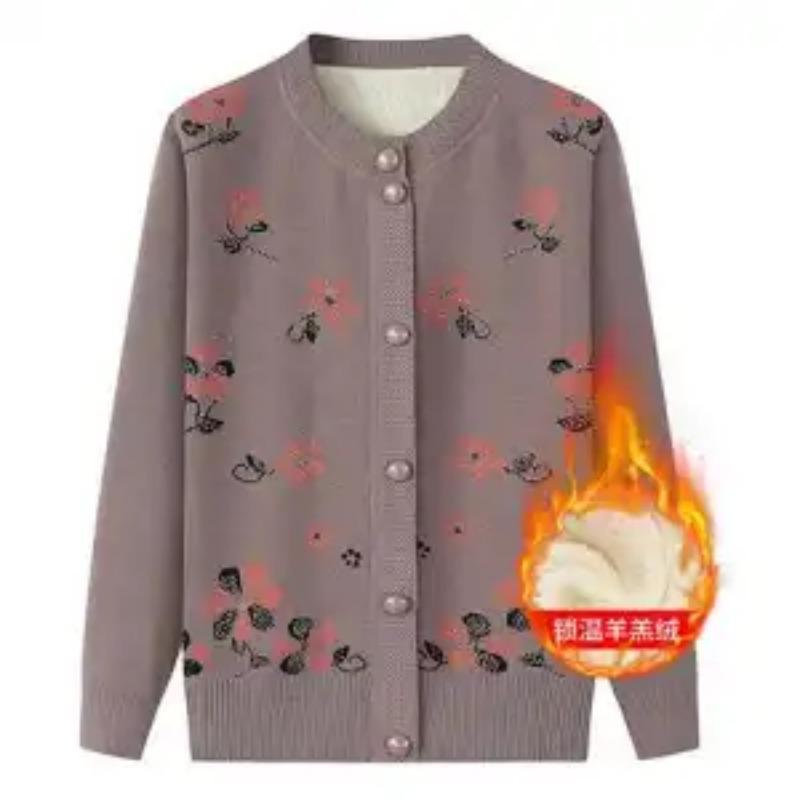 Women's New Style Spliced Round Neck Button Printing Fashionable Loose Versatile Casual Long-sleeved Knitted Top