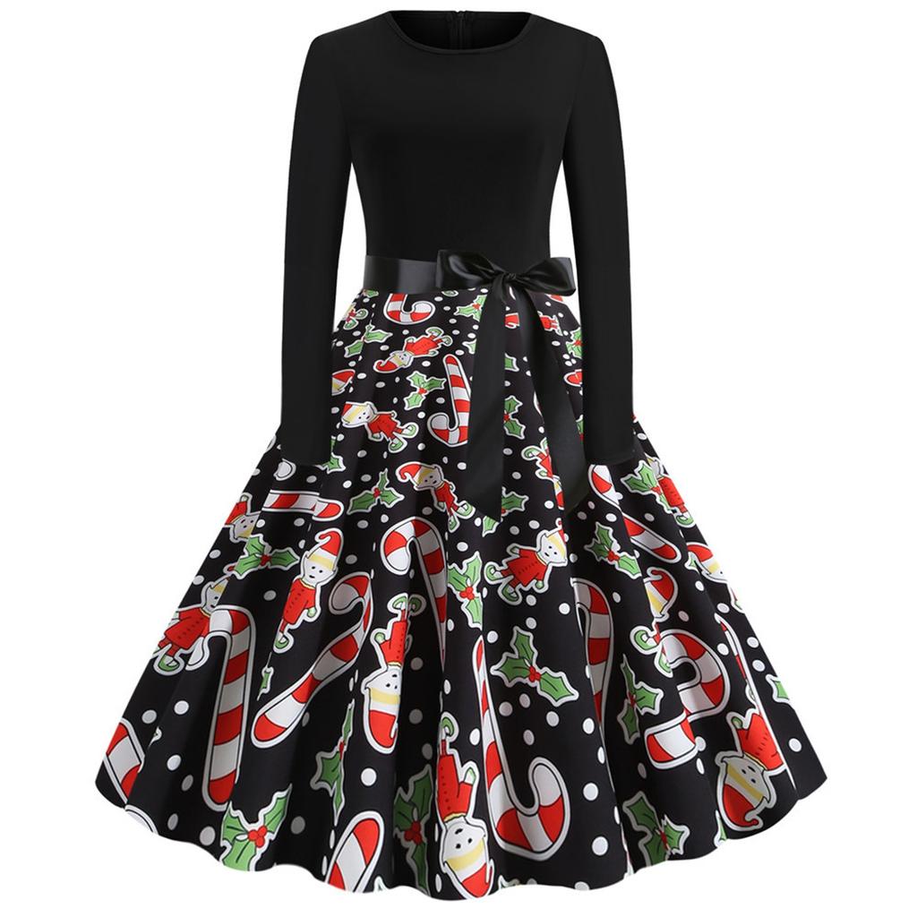 Women's Long Sleeve Vintage Dress Retro Fit Flare Holiday Party Dress Christmas Print Midi Dress with Waist Tie Belt