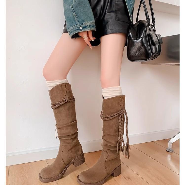 Retro wasteland fringed knight boots women's 2025 autumn new thick heel but knee boots slim pile boots