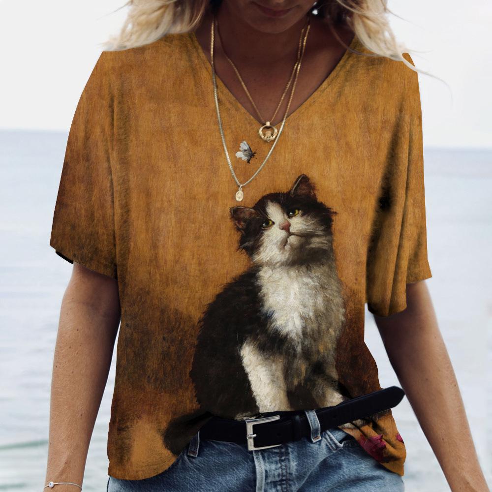 2025 Summer New 3D Cat Print Tee Loose Retro Women's V-neck Short Sleeved Street Style T-shirt Casual Top