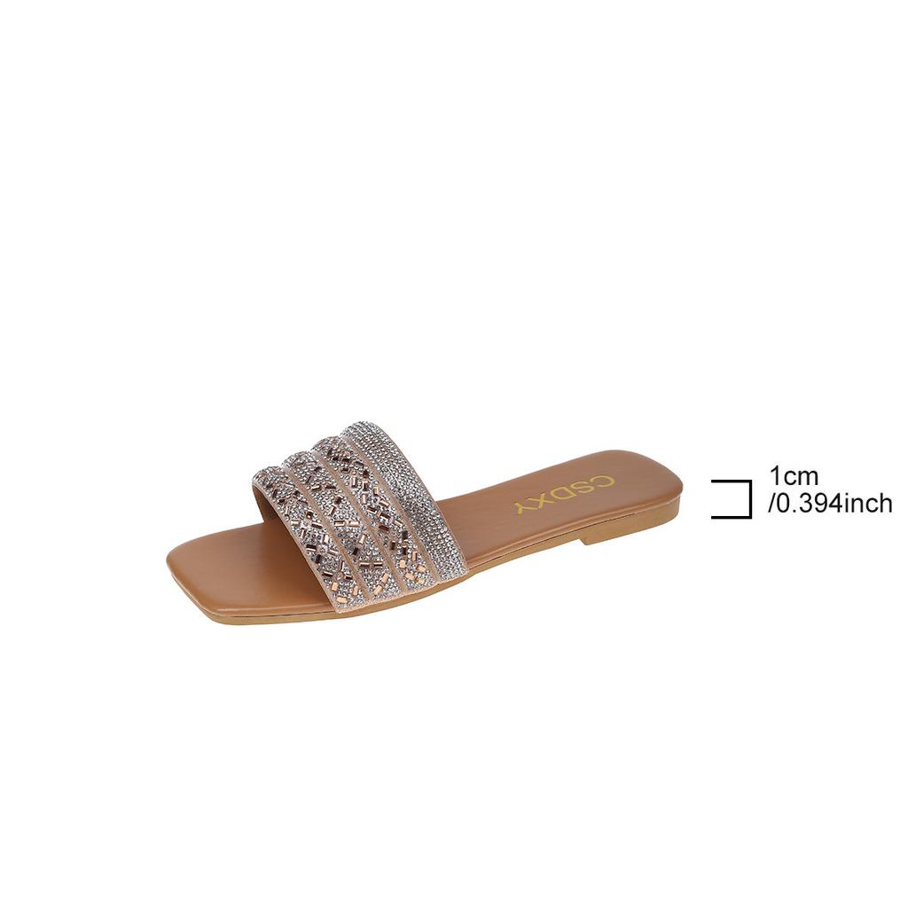 Rhinestone flat-bottomed slippers women's square head one pedal home slippers foreign trade large size FlatSlippers