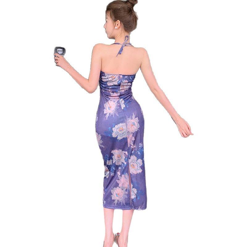 Fashion purple charm sexy neck slim suspender skirt women's summer collarbone temperament thin hip dress
