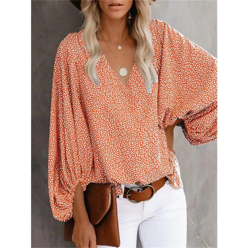 TIFICY Women's Fashion Casual Spring Autumn Flower Pattern Print Long Sleeve V-Neck Blouses & Shirts