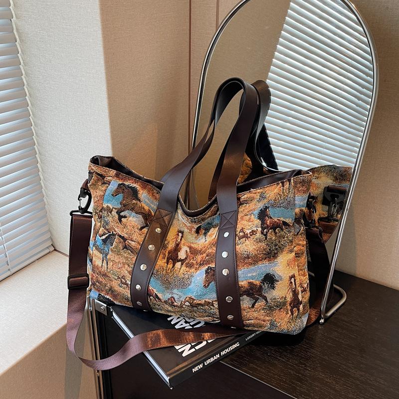 

Сумка большой вместимости для коротких поездок, женская новая ретро сумка-тоут, универсальная повседневная на плечо, сумка-мессенджер темно-коричневого