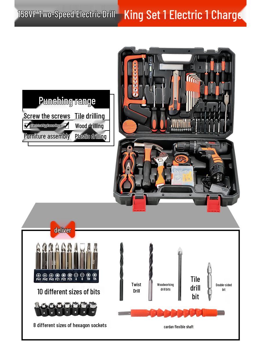 

Multifunction Electric Handheld Drill & Screwdriver Set - Impact, Woodworking, Pistol Drills with Toolbox
