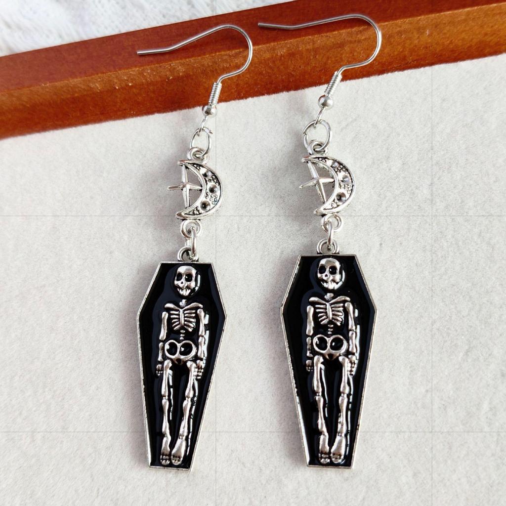 Retro Skull Coffin Skeleton Pendant Earrings for Halloween