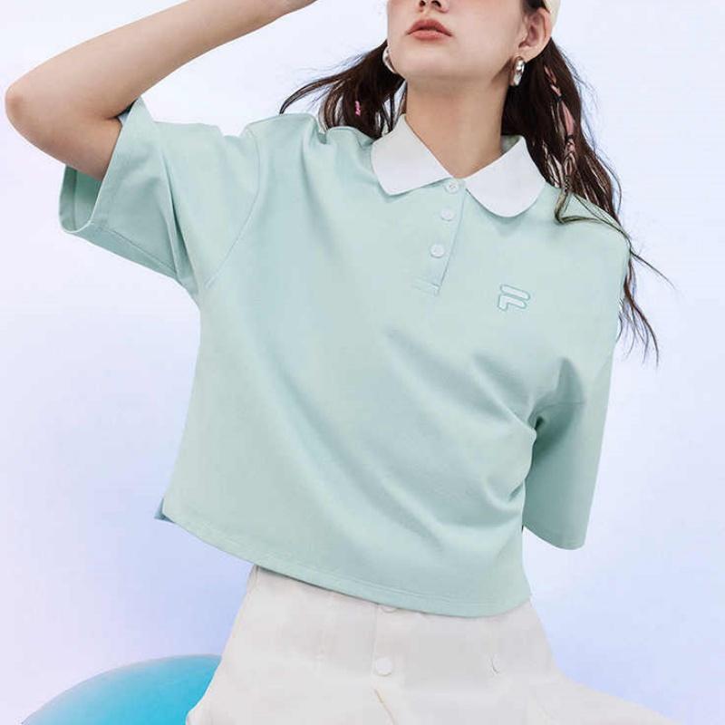 FILA Fusion FOB Series Color Block Short Sleeve Breathable College Style Polo Shirt Women tops Starlight-Blue T11W423108F-LB