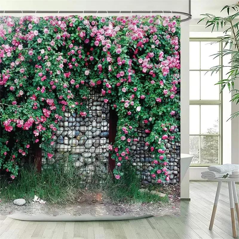 Vine Leaves Shower Curtain Green Plant Leaf Grey Wall Spring Floral Bath Curtains Set Polyester Fabric Bathroom Decor with XT6