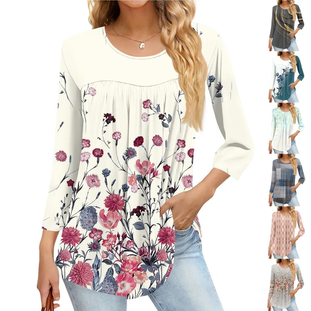 Women's Fashion Casual Three-quarter Sleeve Printed Round Neck Top