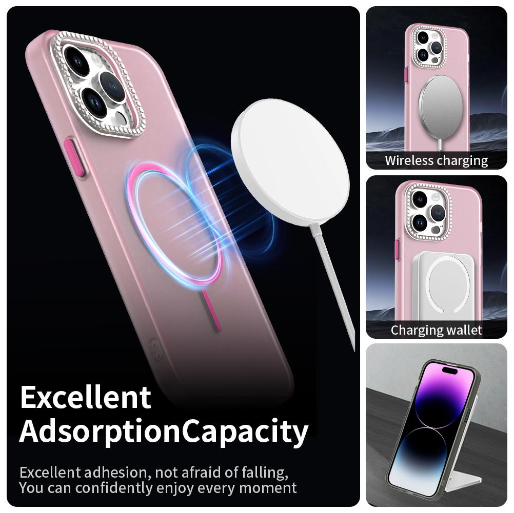 For iPhone 14 Pro Max Case Compatible with MagSafe TPU + PC + PET Phone Cover Rhinestone Decor Lens Frame