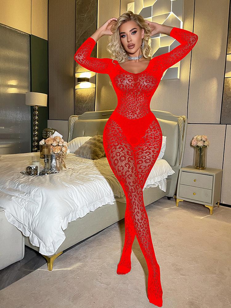 Sexy Lingerie Sexy One-piece Long-sleeved Silky Perspective One-word Shoulder Tights Mesh