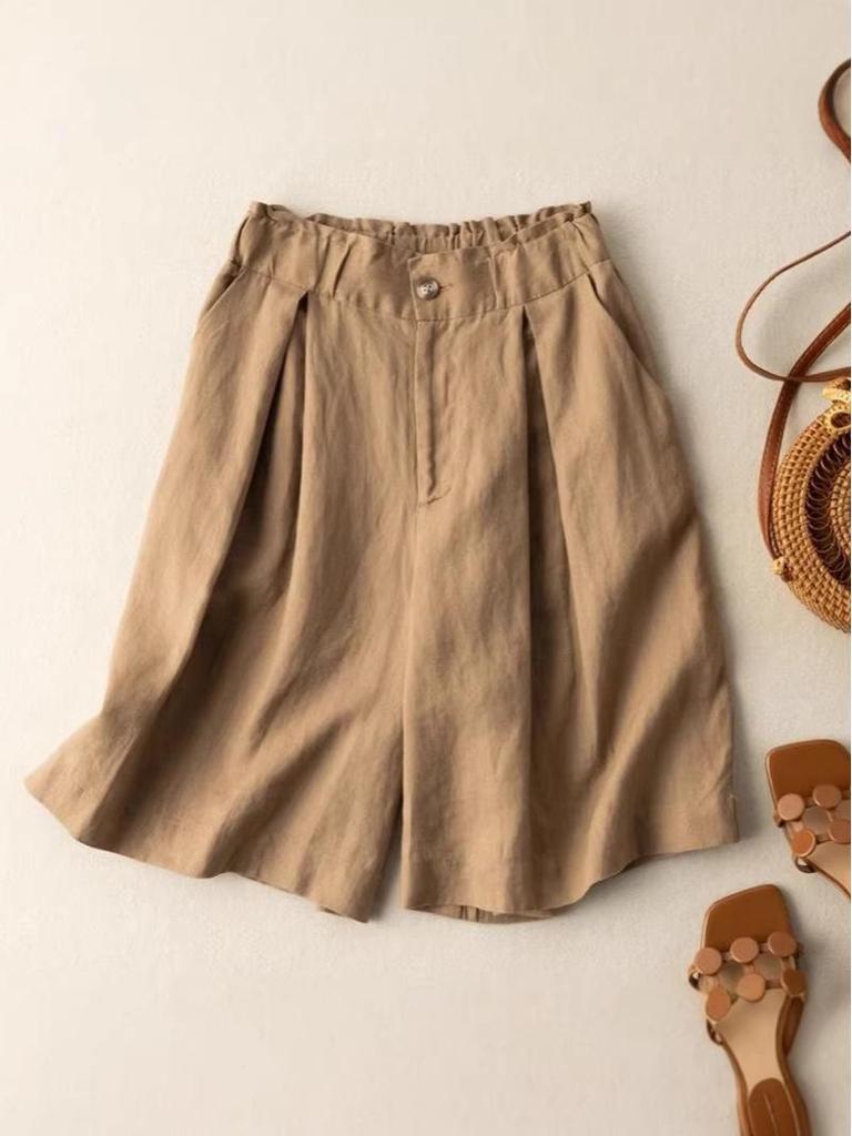 Summer Elastic Waist Cotton-Linen Capris with Wide Legs and Retro Solid Color