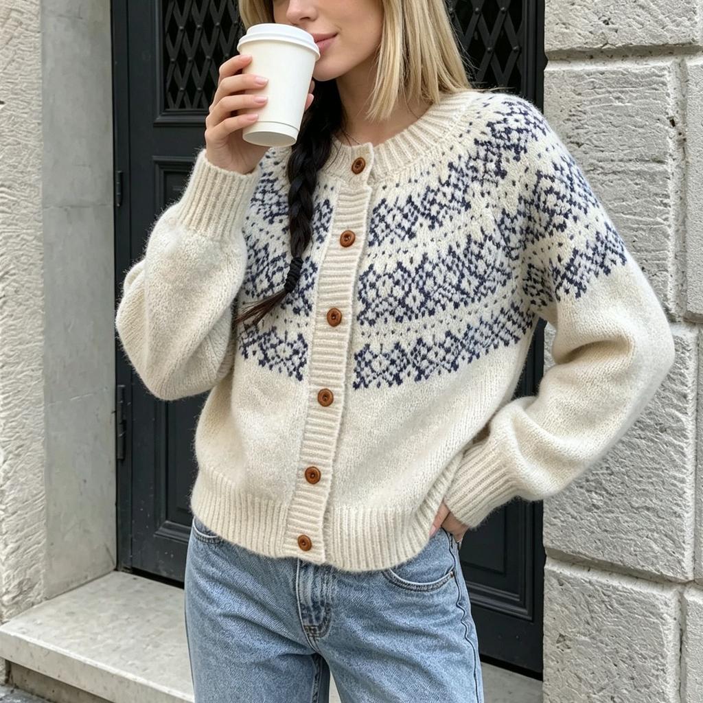 Fair Isle Cardigan Sweater for Women Vintage Round Neck Knit Top Fall Winter