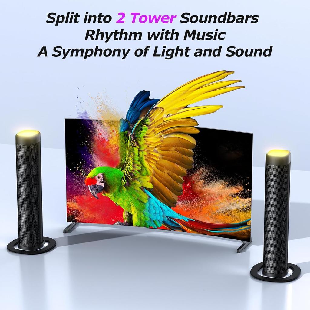 100W Sound Bar for Smart TV with 3 RGB Lights Modes, Bluetooth 5.3 ARC/Opt/AUX Connect Detachable 2-in-1 Speaker3 Equalizer Modes