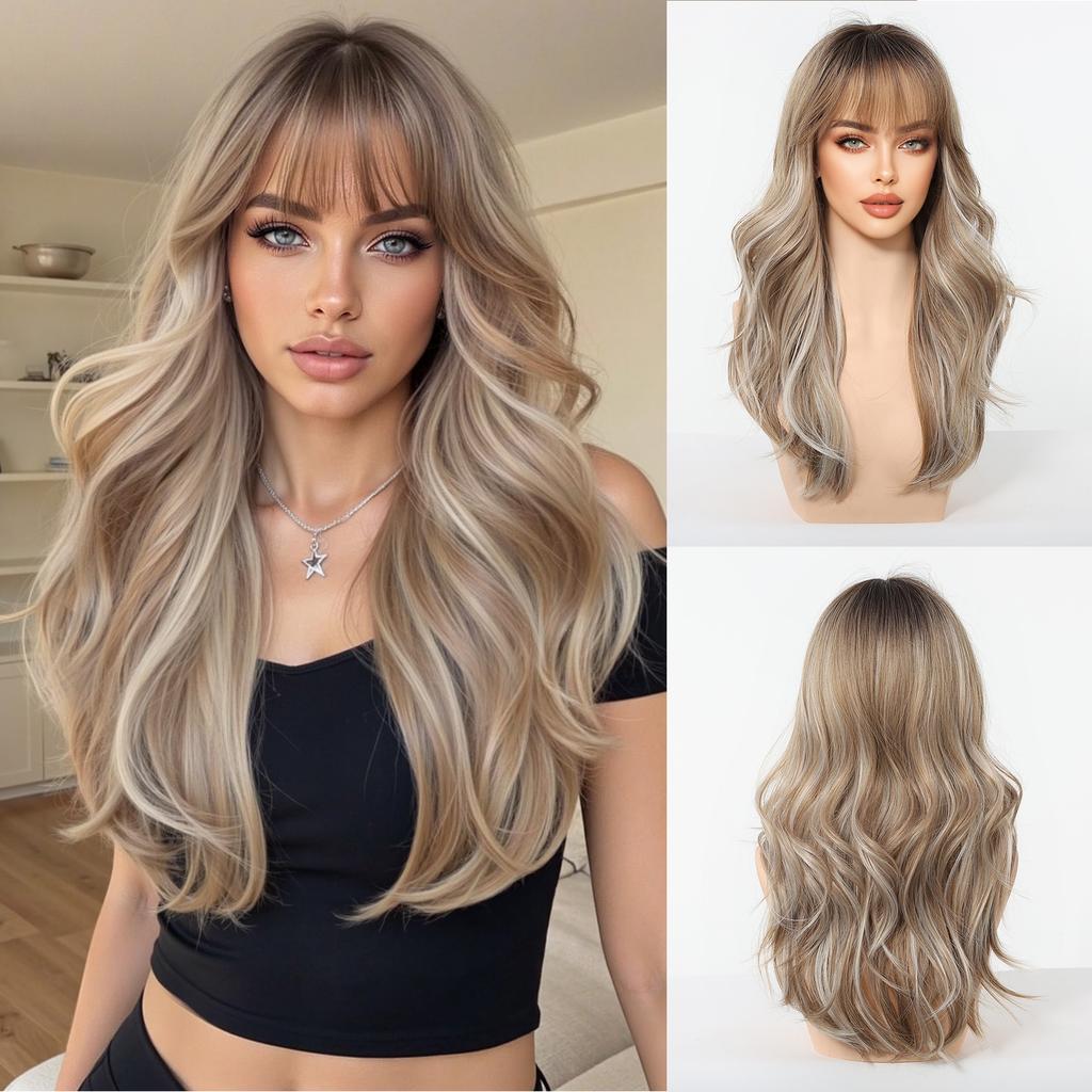 Long Golden Blonde Wave Synthetic Wigs with Bangs for Women Golden Brown Natural Cosplay Costume Daily Hair Wigs Heat Resistant