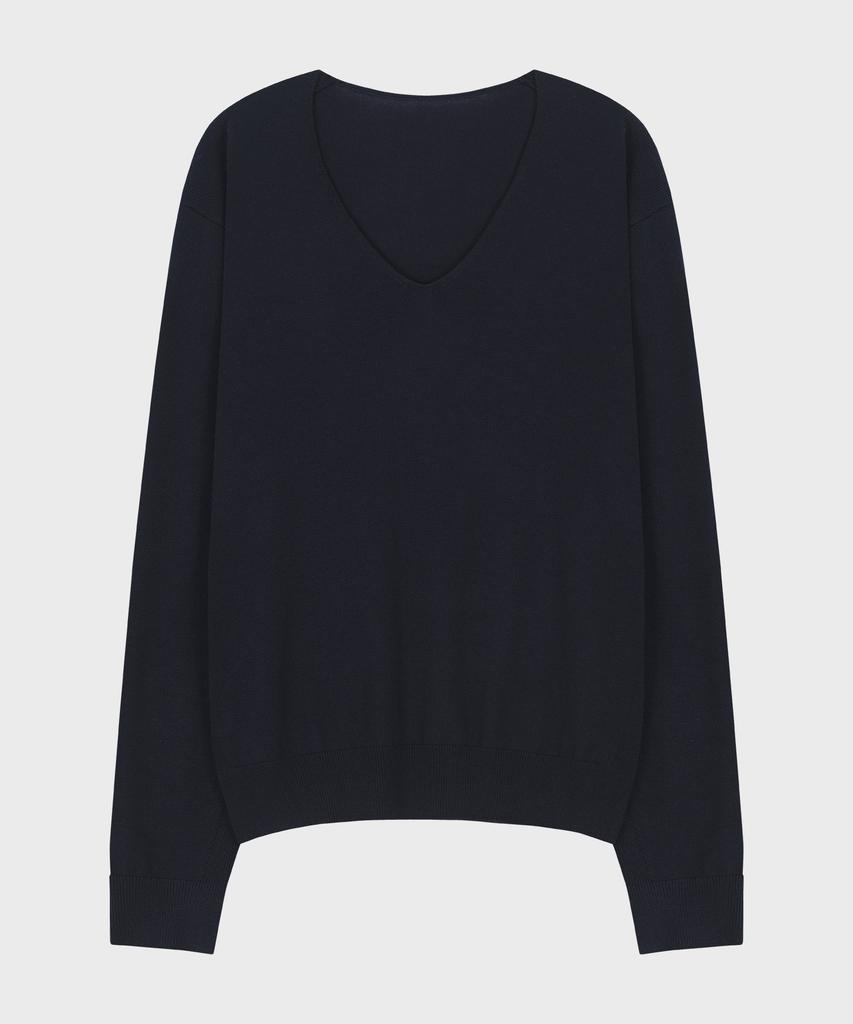 NOIRER Silk Wool Blend Deep V-Neck Knit (Navy)