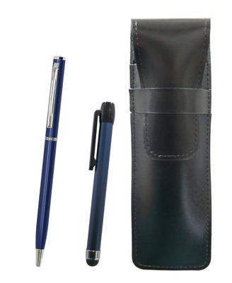 Slim Cowhide Leather Pen Case Black with Metal Touch Stick Blue and Slim Rotating Ballpoint Pen Set Blue 2-pack ASB-ALL-PD04-L-2