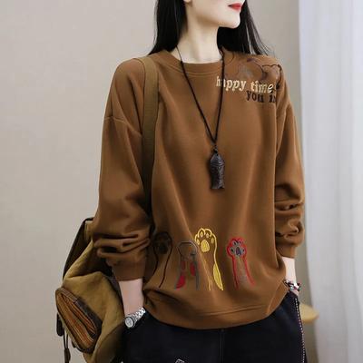 Pullover Baumwolle Bequeme Weibliche Herbst Bestickt Rundhals Lässige Mode Lose Lange ärmeln Tops Katze Klaue