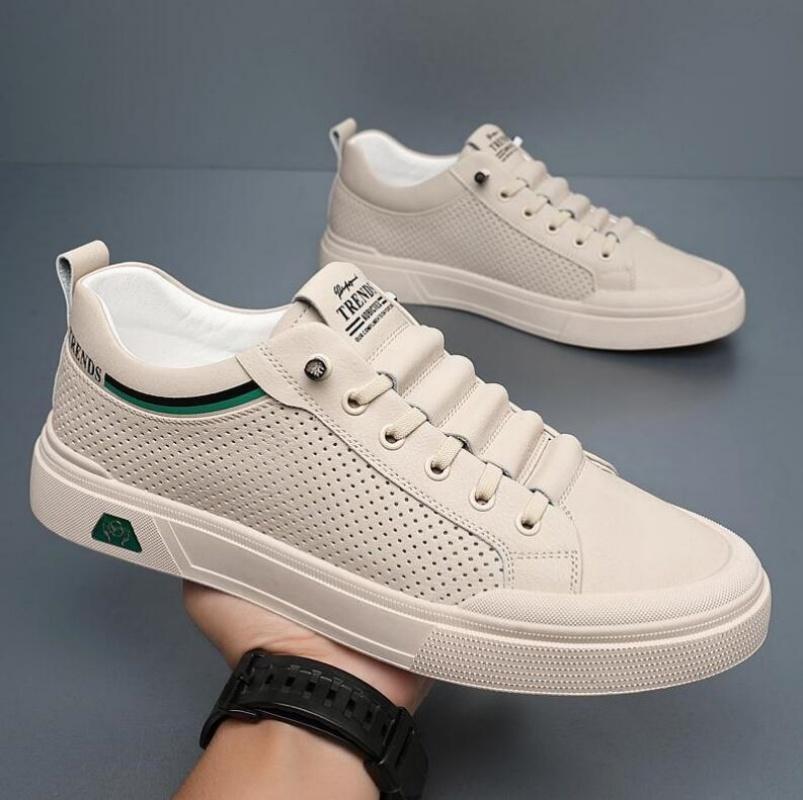 2024 New Shoes for Men Genuine Leather Casual Shoes Flat Skateboard Shoes Summer Breathable Cow Leather Sneaker