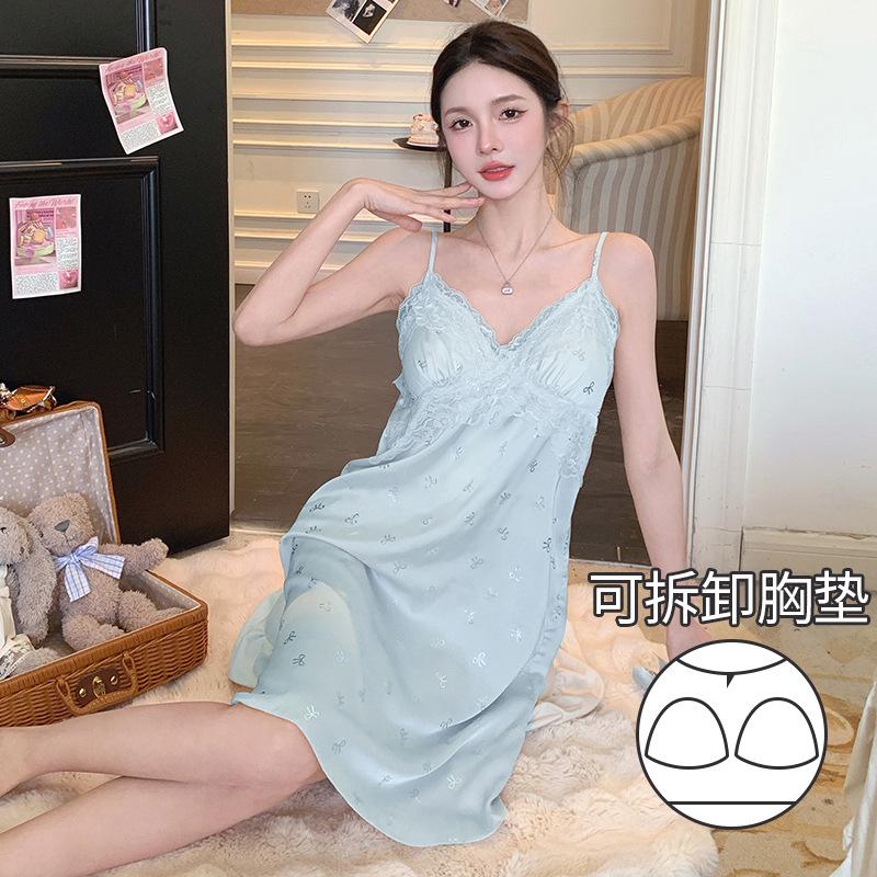 Sexy Women's Thin Suspender Pajamas Spring and Autumn Summer Lace Lace Pajamas Ice Silk Loungewear with Chest Pads