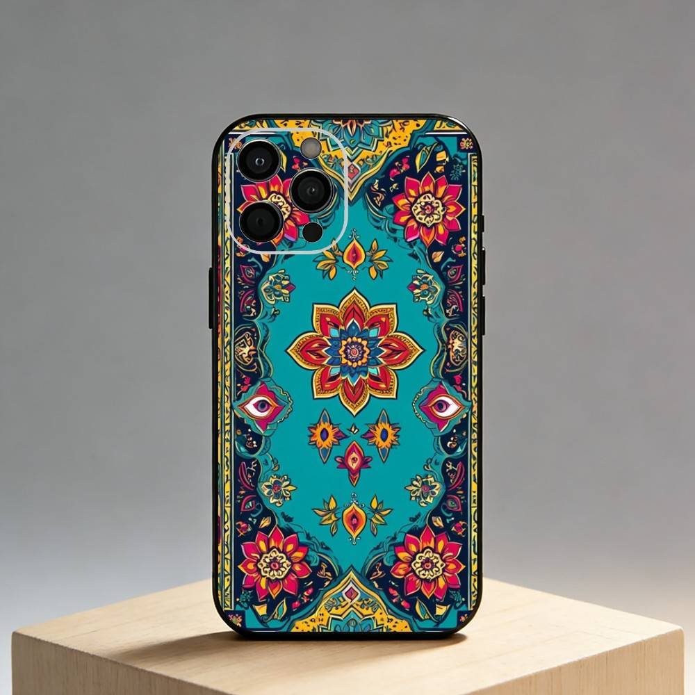 

Persian Carpet Floral Pattern Phone Case For iPhone17,16,15,14,13,12 Plus,Max Soft Silicone Black Cover iPhone12PRO