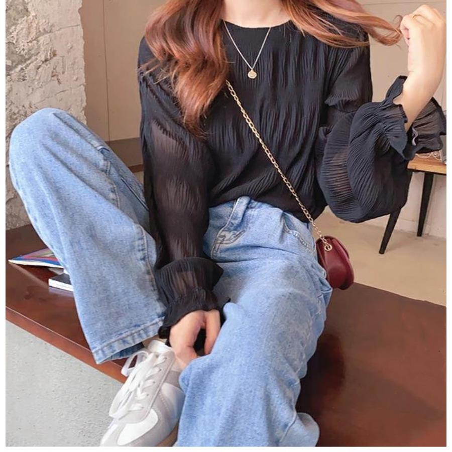 Camicia in Chiffon con Maniche Svasate Plissettate Blusa Donna Girocollo Tinta Unita Ampia Versatile Camicia a Maniche Lunghe Top