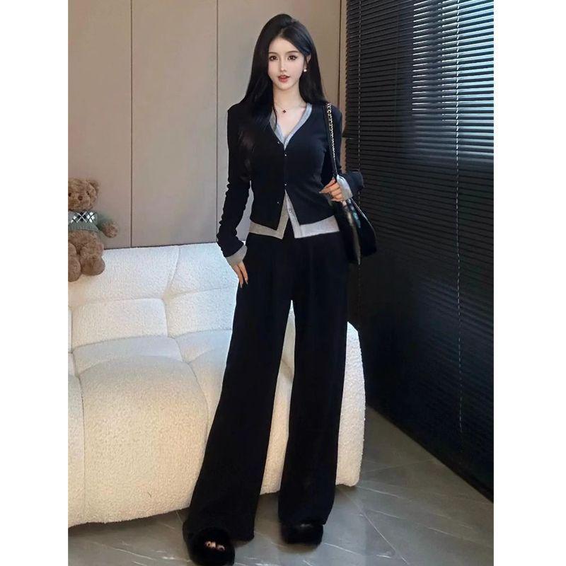

Women s Korean Style Two-Piece Set: Fake Two-Piece Long-Sleeve Top with Wide-Leg Pants - Spring/Autumn Fashion 2XL [Recommended 65kg-73kg]