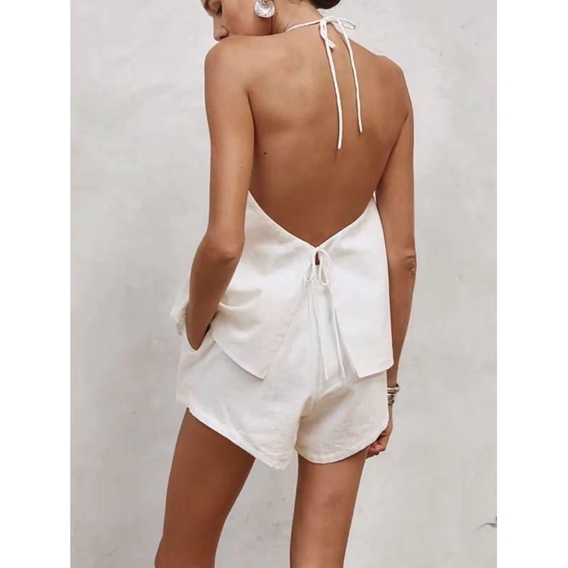 Western Style Sexy Backless Halter Top Shorts Two-piece Set Hanging Neck Vest Shorts Set