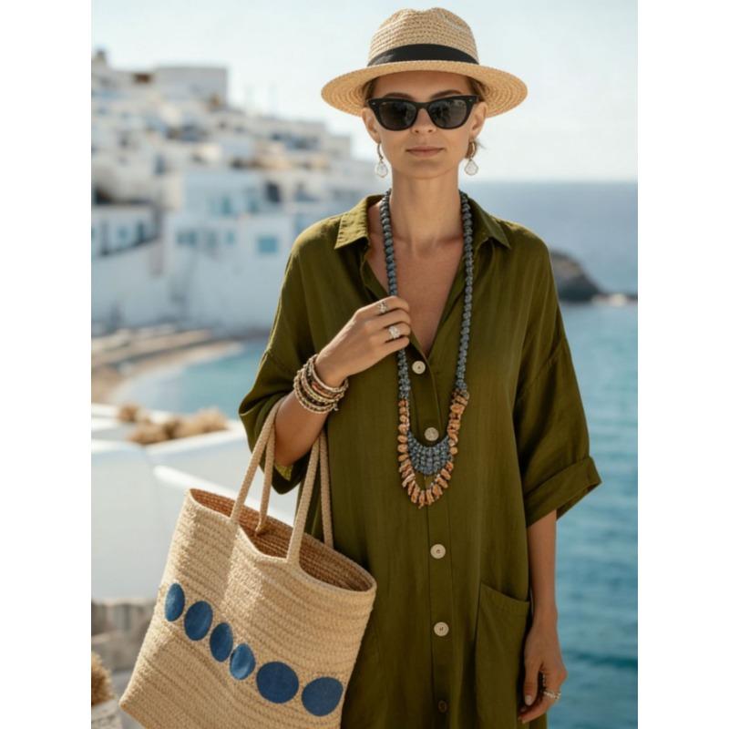Vintage Solid Turn Down Collar 1 2 Sleeve Loose Long Dress For Beach Vacation