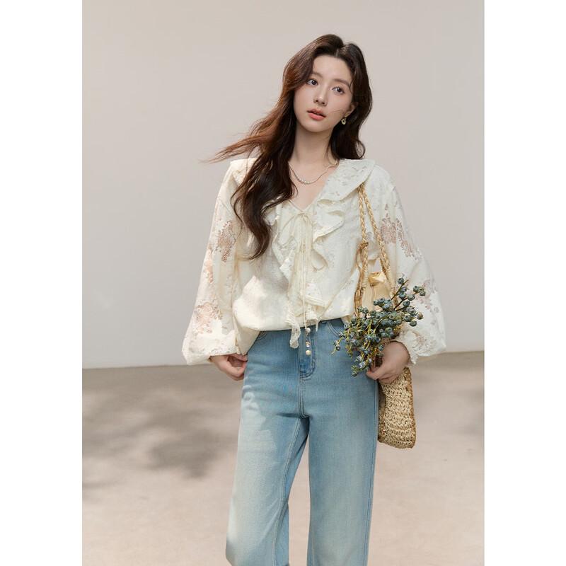 Mishow Women's Lace Ruffle V-Neck Blouse