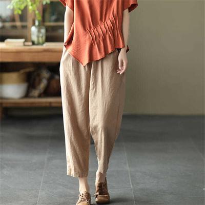 Harajuku Summer High Waist Elastic Women's Cotton Linen Wide Leg Capris Pants for Women Baggy Harem Pants Woman Trousers