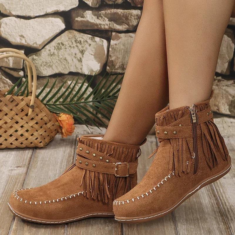 Fashion Vintage Tassels Western Boots for Women Rivet Decor Flat Heels Ankle Boots Woman Size Zipper Non Slip Short Booties