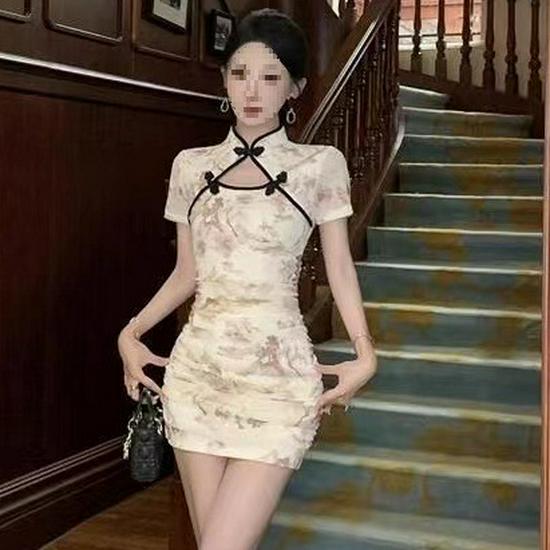 New Improved Qipao Style Hollow-Out Frog Button Dress - Feminine Retro Bodycon Short Skirt