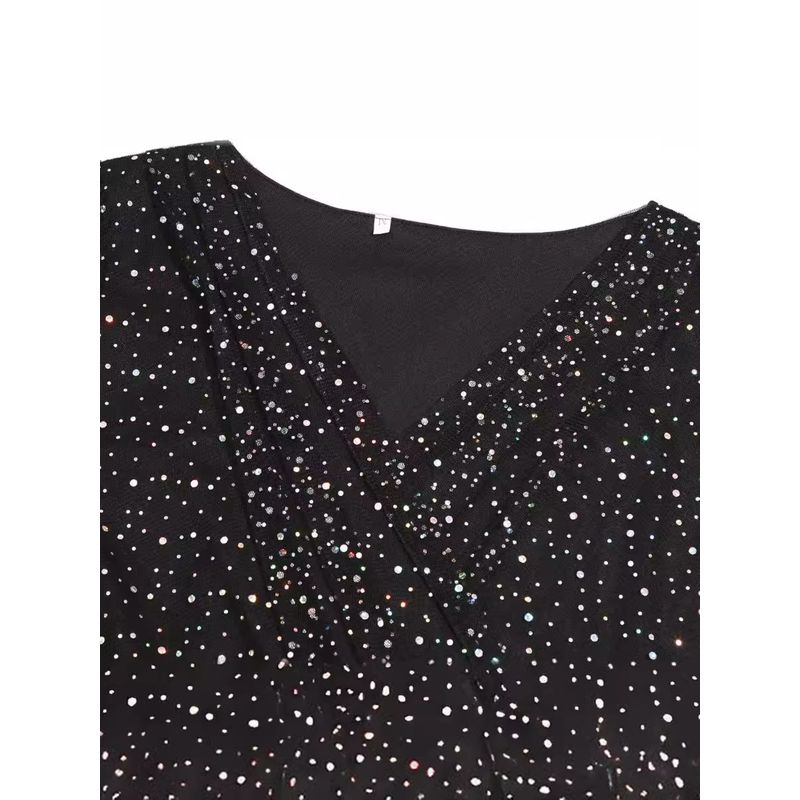 Spring & Fall New Arrival Fashion Wind V Neck Mesh Sequins Patchwork Loose and Stylish Long Sleeves Dress Dinner Dress Dress Dress