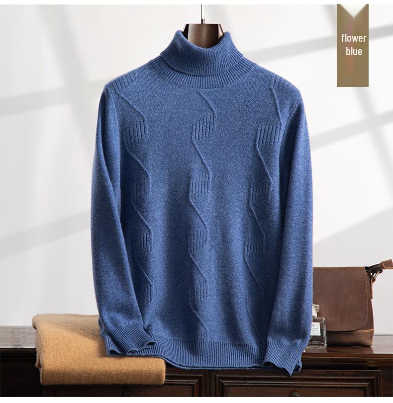Suéter Masculino de Cashmere de Gola Alta com Fio Duplo - Grosso, Manga Longa, Tamanho Grande, Tricô de Cor Pura