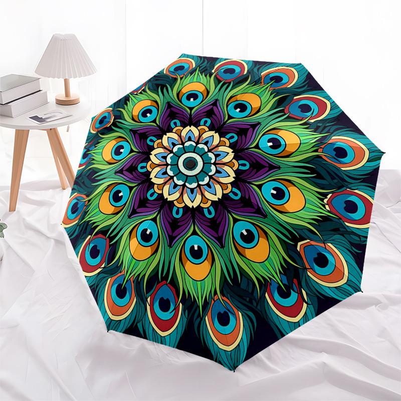 1pc Peacock Feather Mandala Automatic Folding Umbrella - Portable 3-Fold Design with 8-Bone Iron Frame for Outdoor Use, Festive Gift, Travel, Daily Us