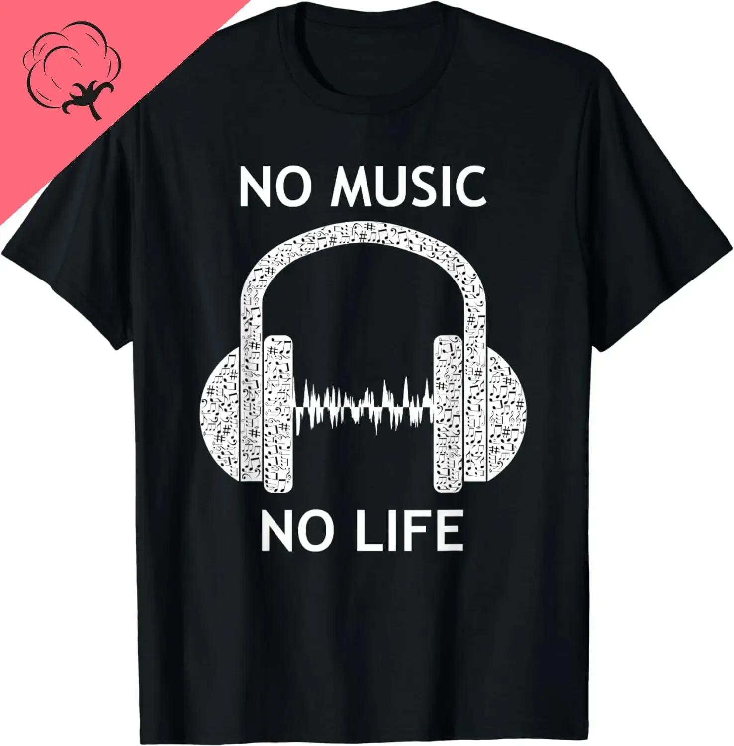 No Music No Life Headphones Graphic Tee Breathable Cotton Short Sleeve TShirt Unisex S