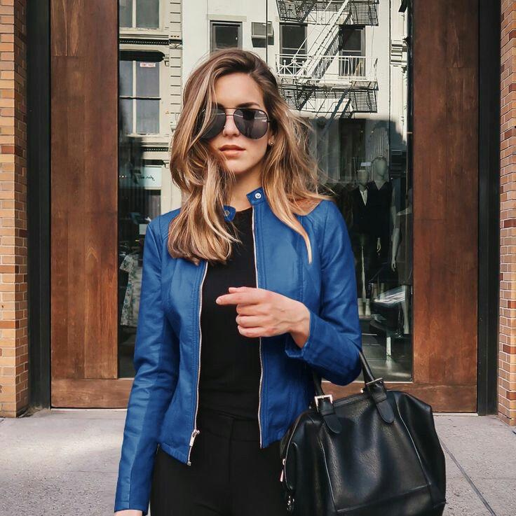 

Женская велосипедная куртка из искусственной кожи, верхняя одежда на молнии, осенне-зимняя женская модная короткая тонкая женская куртка M синий