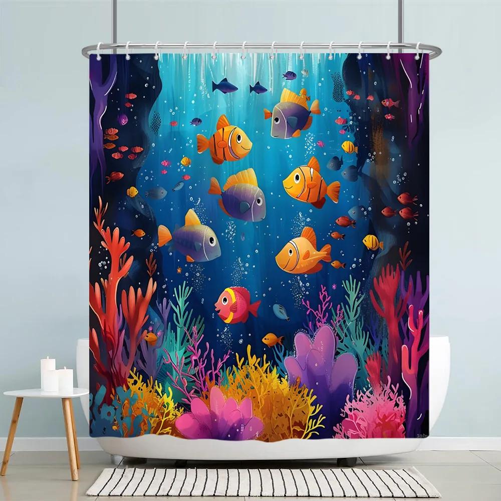 

Funny Sea Animals Kids Shower Curtain Cartoon Watercolour Art Painting Style Polyester Fabric Shower Curtain Bathroom Decorati W60H190(CM)-1 Pcs