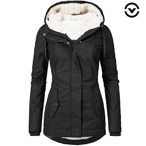 Women's Hooded Sherpa Lined Midi Coat Solid Color Zip Up Warm Winter Casual Outerwear Jacket