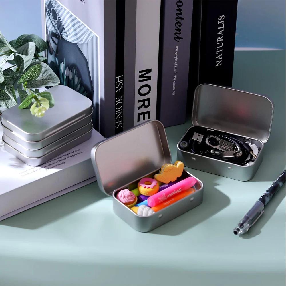 Metal Rectangular Empty Hinged Tins - Silver Mini Portable Box Small Storage Kit & Home Organizer with Lids Craft Containers