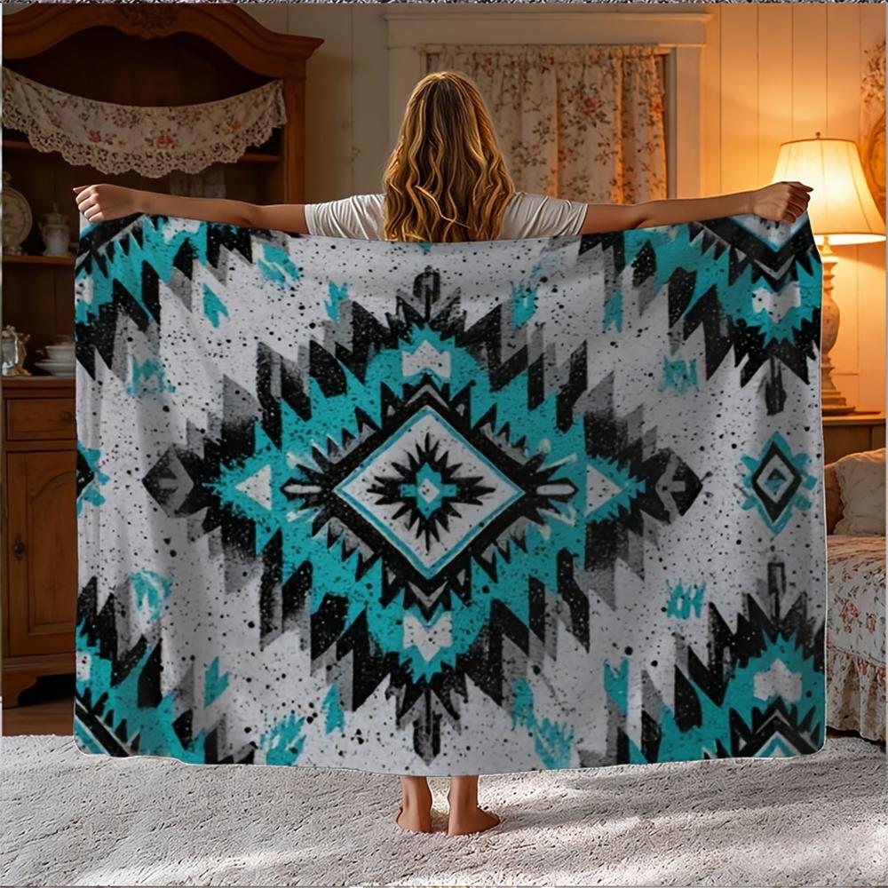 Jmg Household Supplies Unisex Turquoise 1Pc Aztec Print Fleece Blanket, Southwestern Boho Throw Blanket For Home Couch Bedroom Decor