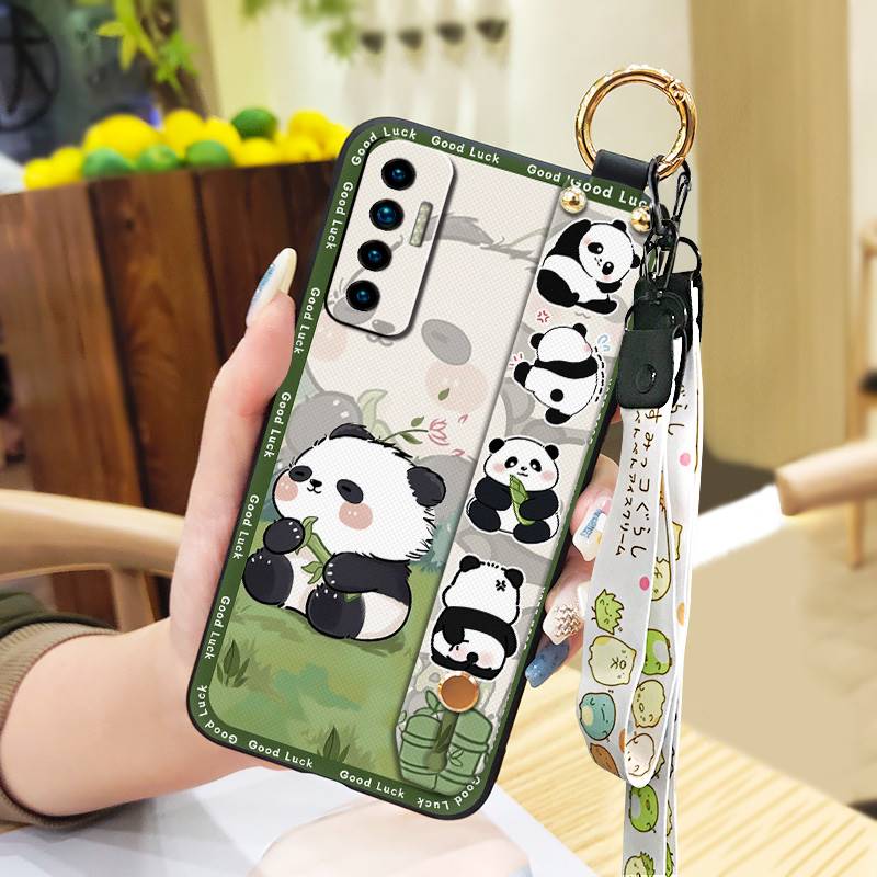 Fashion Design Cute Phone Case For Tecno Camon17P Phone Holder Cartoon Back Cover Shockproof Panda Silicone Ring Lanyard