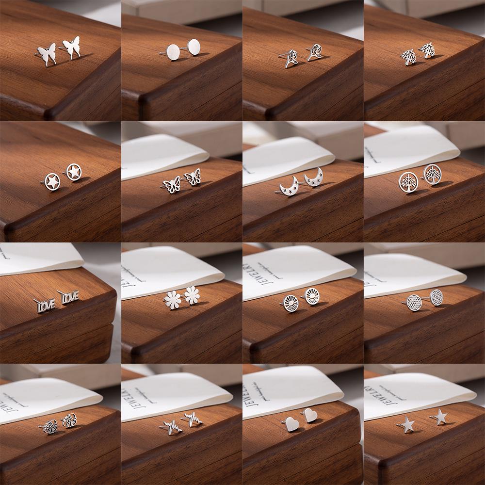 European & American Style Titanium Steel Star, Moon & Bowknot Stud Earrings for Women