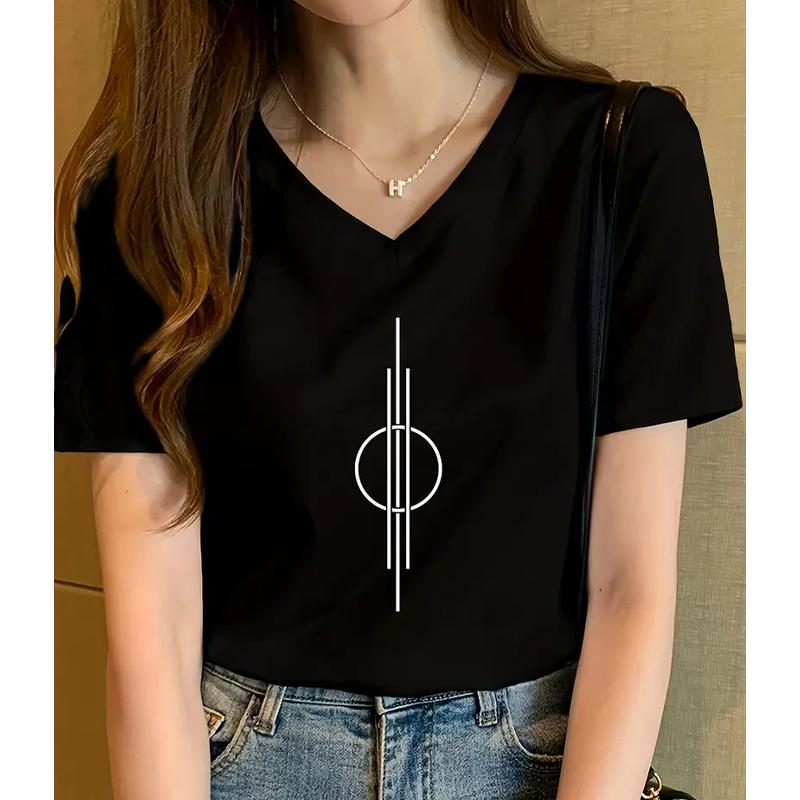Mode Einfache Malerei Blusen Kurzärmelig V-Ausschnitt T-Shirts Lässig